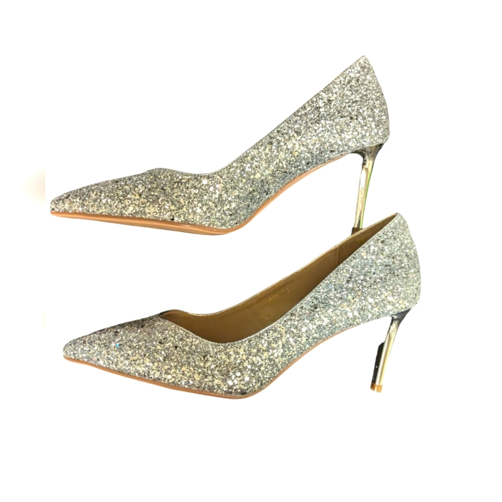 Modatope Silver Glittery/Sparkly Formal 3.5" stiletto heels. EUC Size 9.5